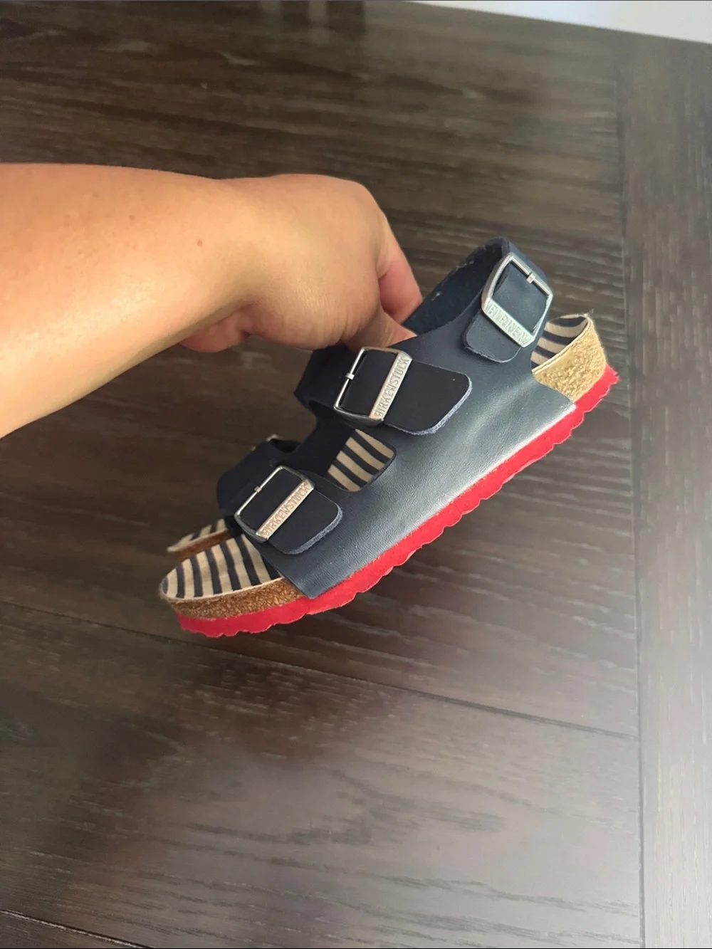 Birkenstock Blue Double-Buckle Kids Sandals with Striped Footbed